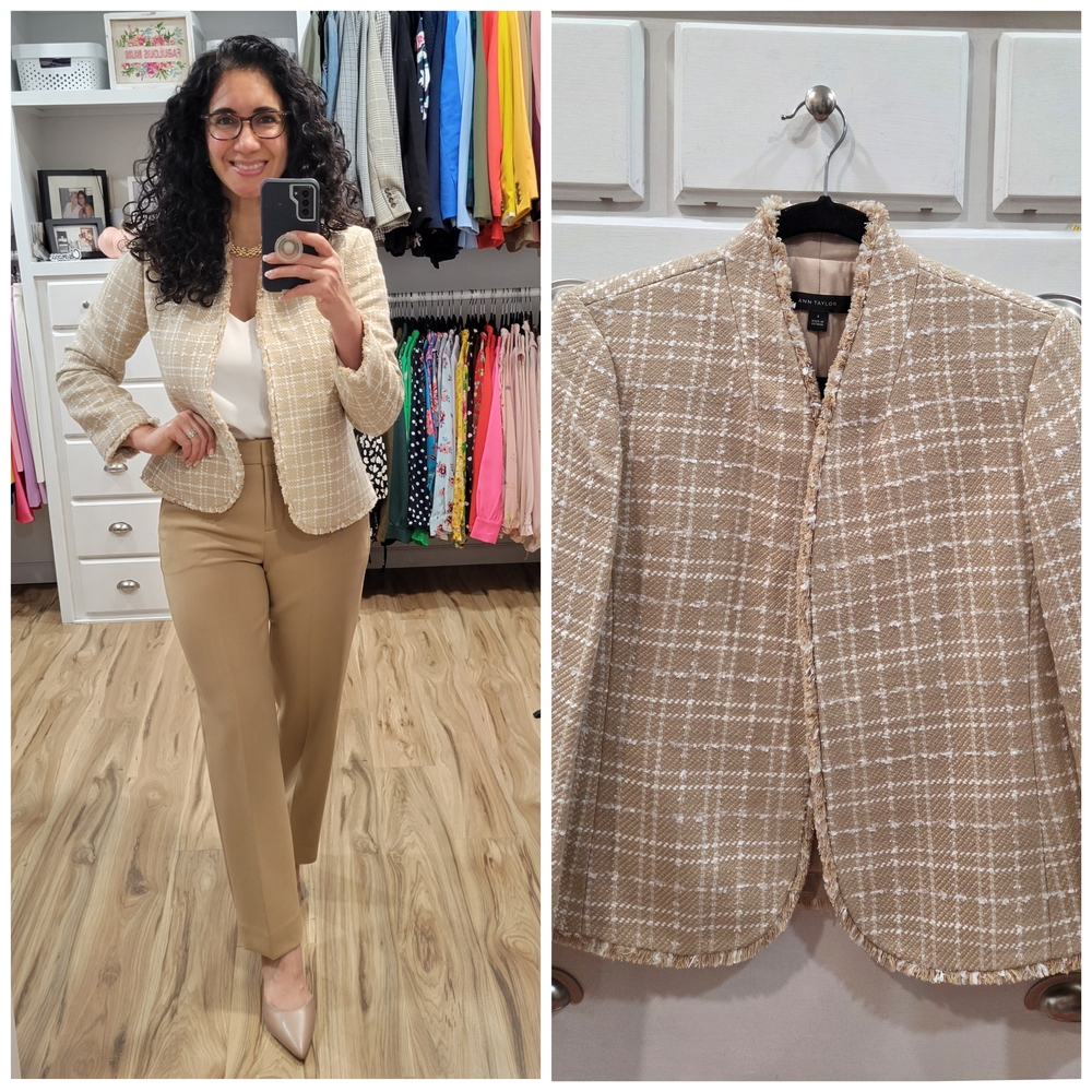 NWT Ann Taylor Beige & White Tweed Frayed-Trim Jacket